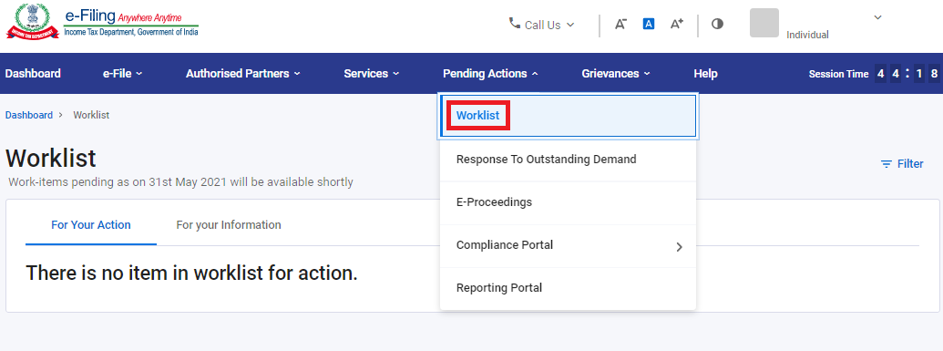Pending actions or notices on Income Tax portal