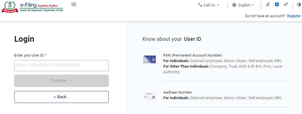 Income Tax e-Filing portal login screen