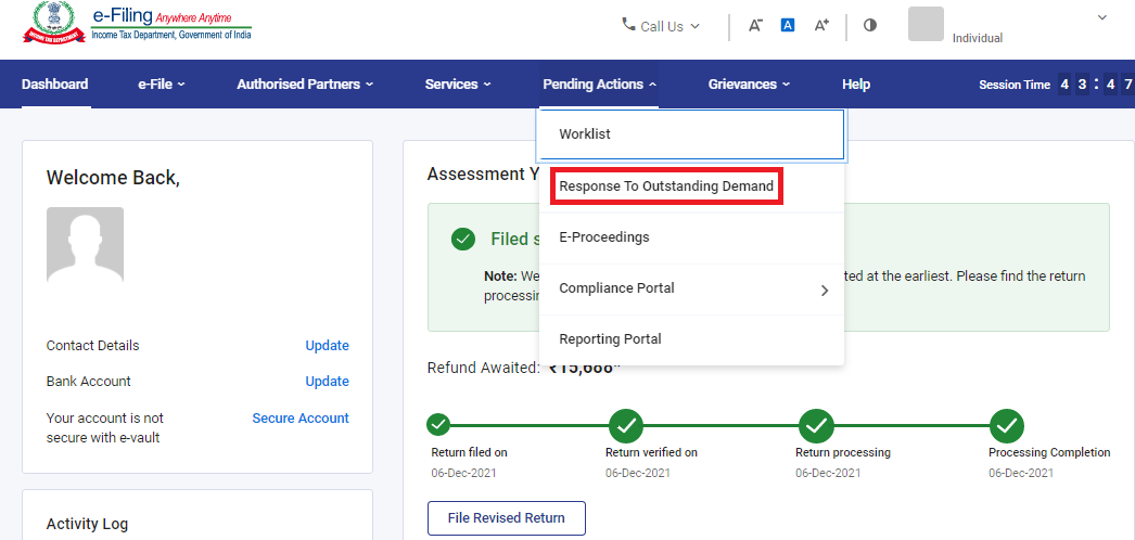 Response to Outstanding Demand option on Income Tax portal