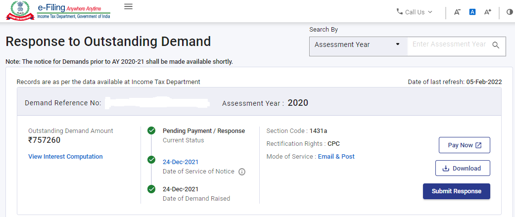 Outstanding Income Tax demand displayed on portal
