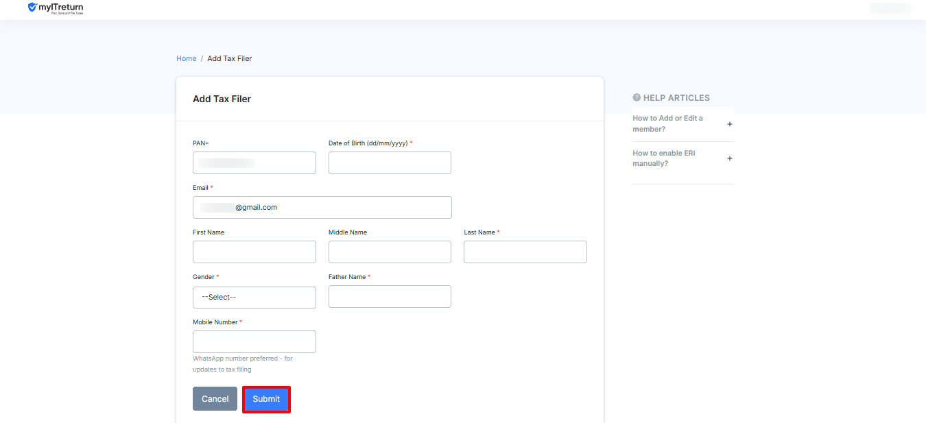 Add a tax filer on myITreturn