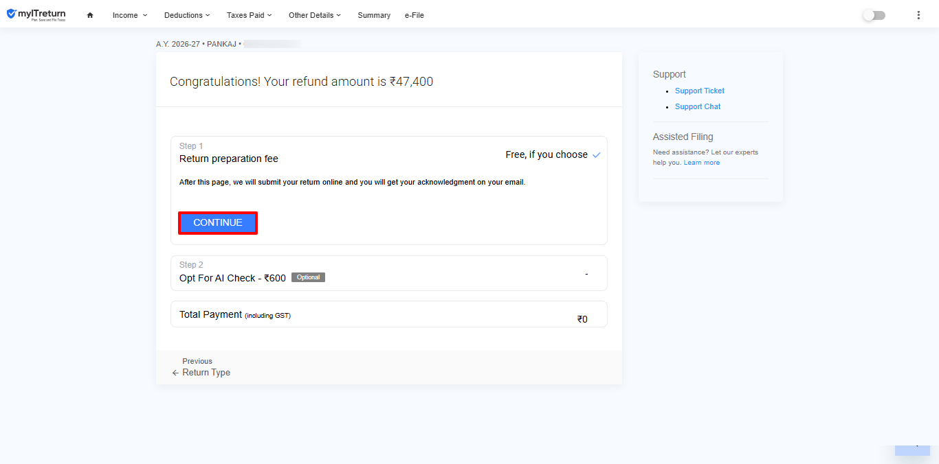 Continue and submit the Income-tax Return online