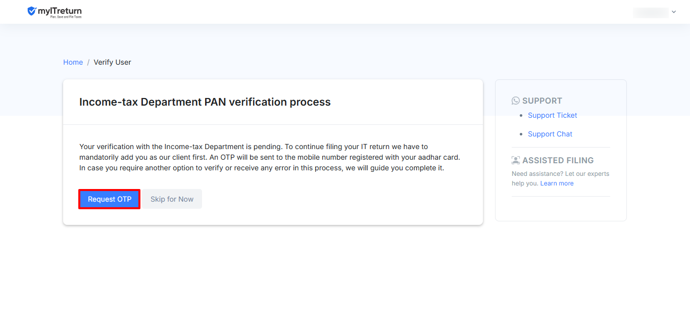 Request the OTP to complete taxpayer verification and ERI authorisation.