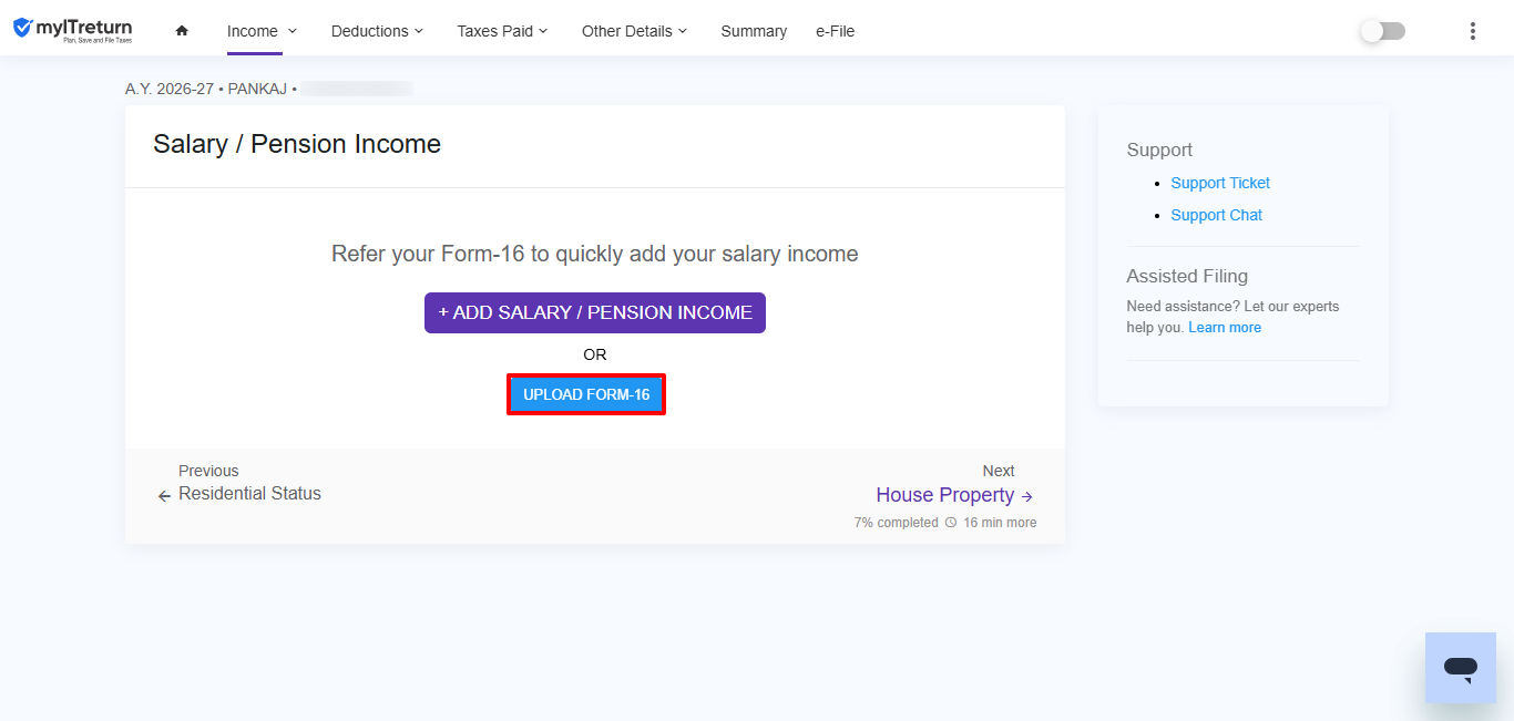 Upload Form 16 or add salary and pension details manually.