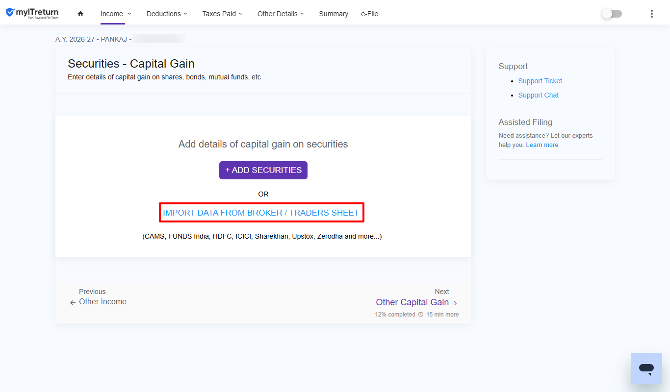 Import supported capital-gains data or add securities transactions manually.