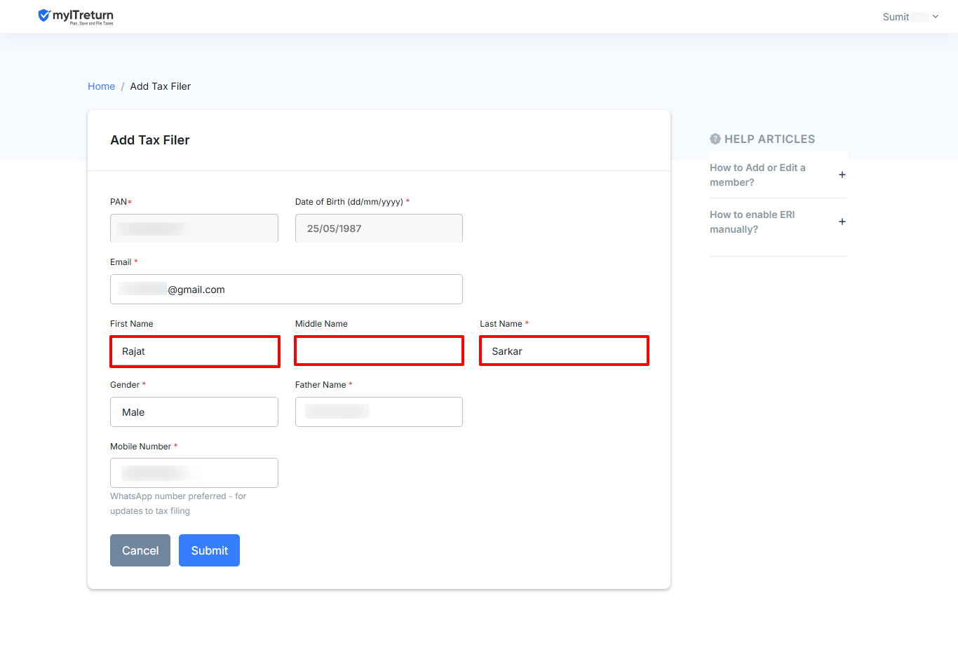 submit corrected name details on myITreturn