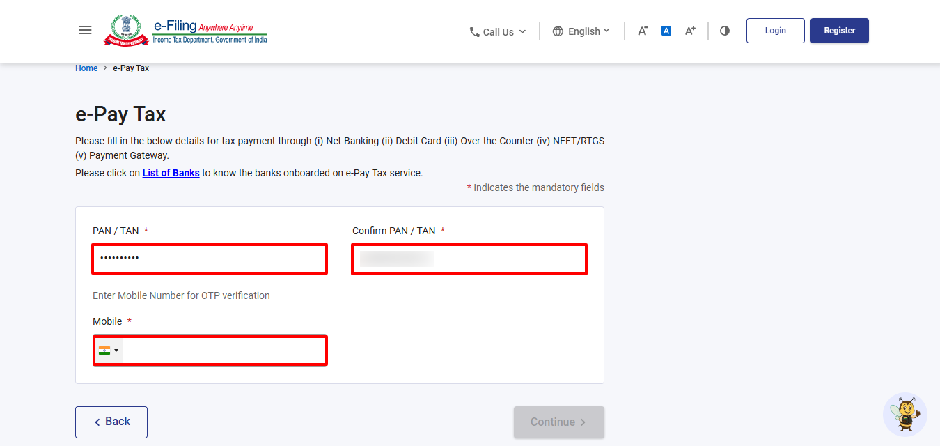 Continue after entering e-Pay Tax details