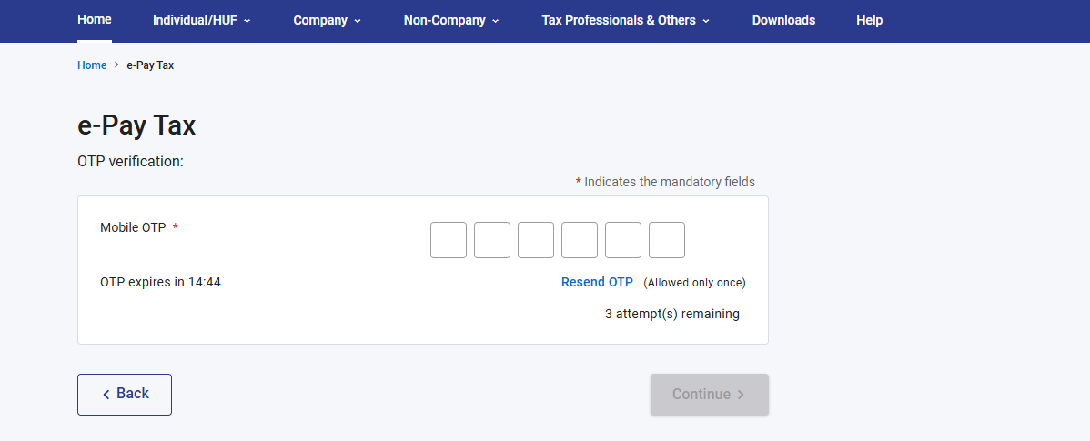 OTP verification page for e-Pay Tax