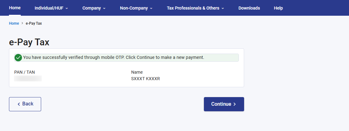 PAN or TAN confirmation after OTP verification