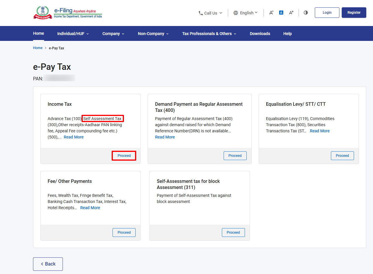 Proceed under Income Tax card on e-Pay Tax page