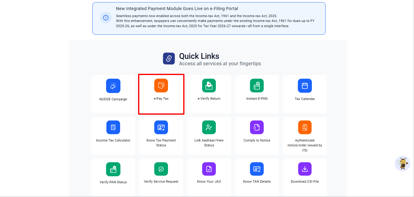 Income Tax e-Filing portal e-Pay Tax option