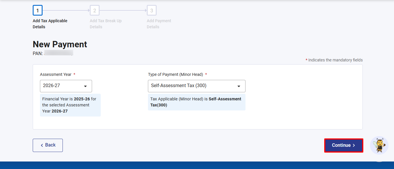 Select Assessment Year and minor head for tax payment