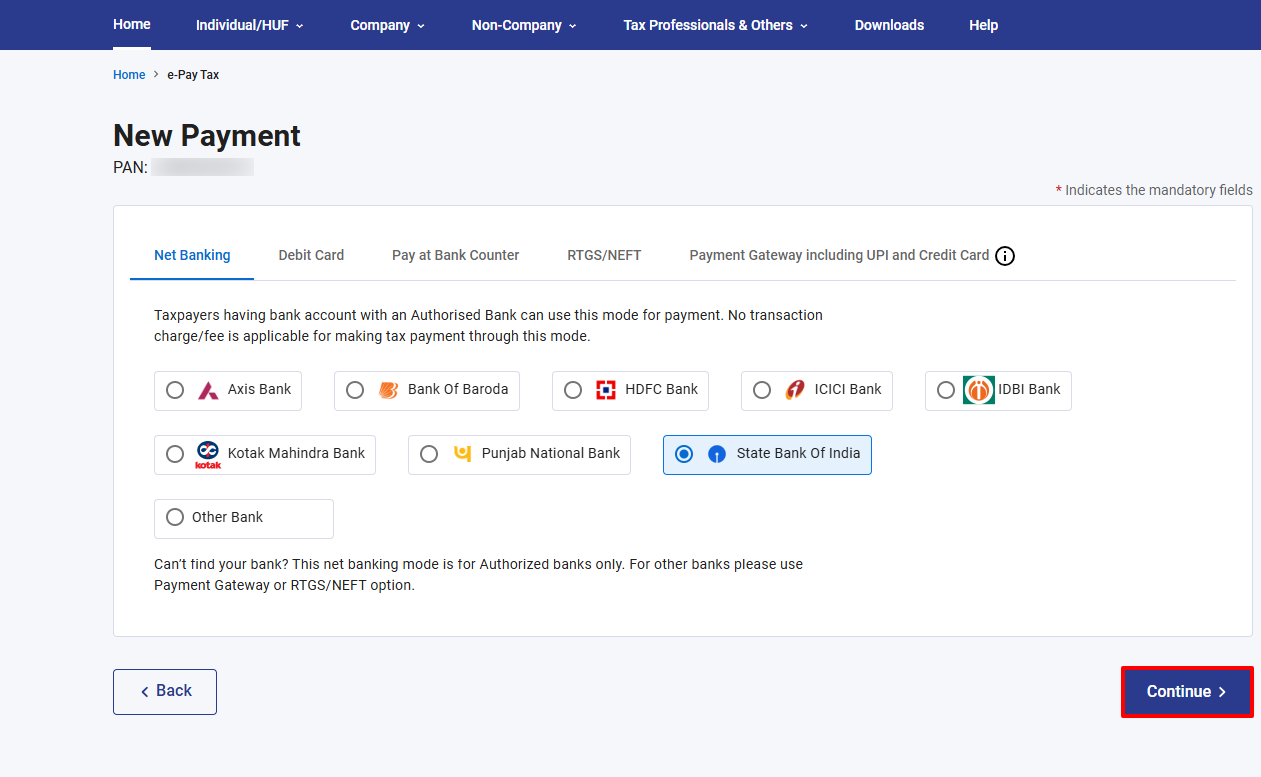 Select Net Banking as payment mode