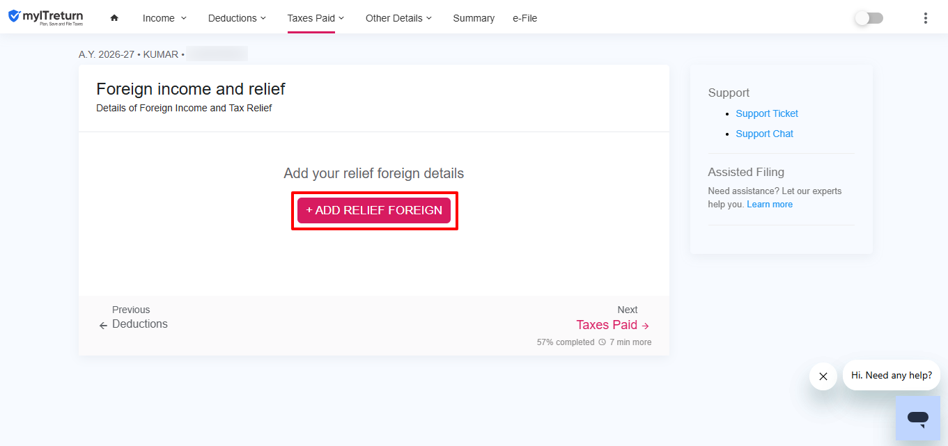 Add Relief Foreign button in myITreturn