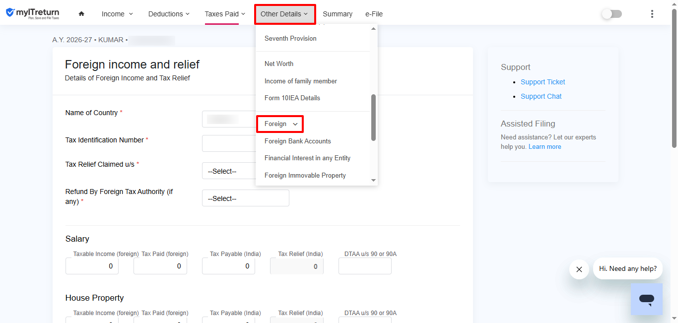 Foreign details menu in myITreturn