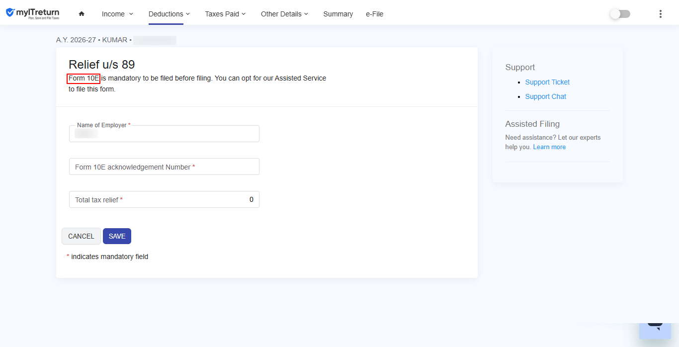 Enter Form 10E acknowledgement details for section 89 relief