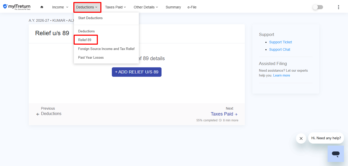 Select Relief u/s 89 from Deductions menu in myITreturn