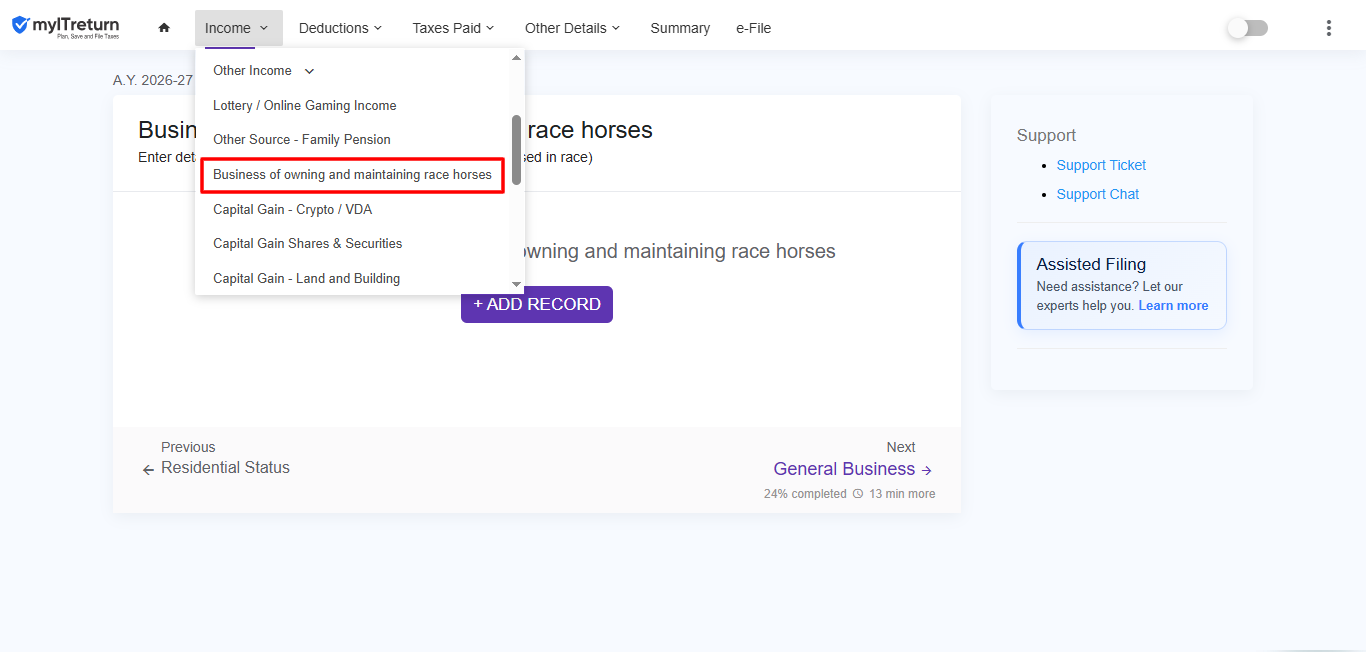 Business of owning and maintaining race horses